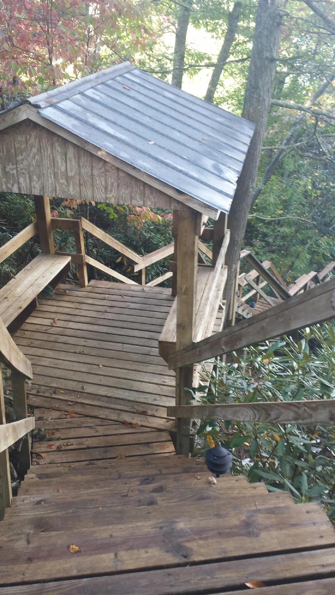 Metal roofed shelter over wooden steps on a wooded walkway — Skylight Repair & Installation work by our crew in Vandiver